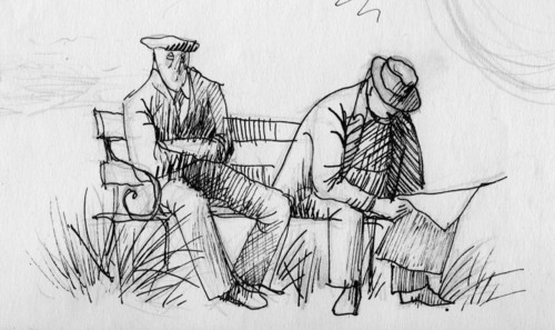 Two men on a bench, c1950. Creator: Shirley Markham.