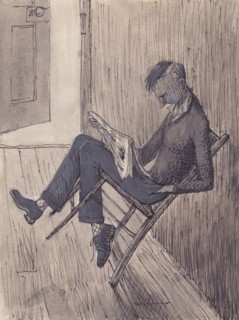 Young man leaning his chair against a wall, 1952. Creator: Shirley Markham.