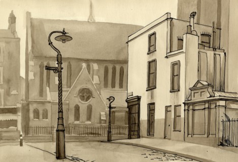 Lamppost and church, c1951. Creator: Shirley Markham.