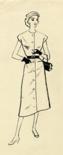 Woman in belted dress, c1950. Creator: Shirley Markham.