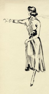 Woman in full skirt with outstretched arm, c1950. Creator: Shirley Markham.