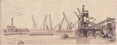 Docks on the River Thames in London, 1951. Creator: Shirley Markham.