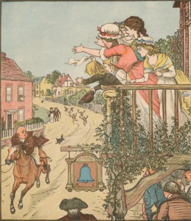 John Gilpin gallops past the Bell Inn as his wife and children wave from the balcony, 1878, (c1918).