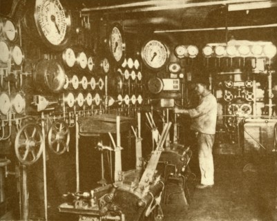 The Main Engine Control Platform of the "Aquitania".', c1930.
