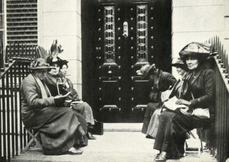 Suffragettes waiting on the doorstep of Sir Edward Carson's London home, 6 April 1914, (1947).