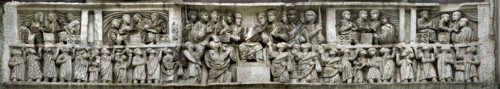 Constantine distributing money to the people (Liberalitas). Detail of the Arch of Constantine, 312-3