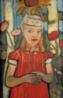 Girl in red dress in front of sunflower, 1907.