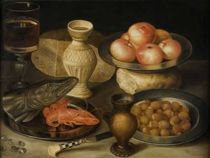 Still life with Siegburg stoneware jug, glass, knife, two loaves?, Early 17th cen..