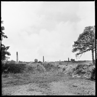 Industrial landscape with abandoned mine engine houses and chimneys, Tamar Valley, Cornwall, 1967