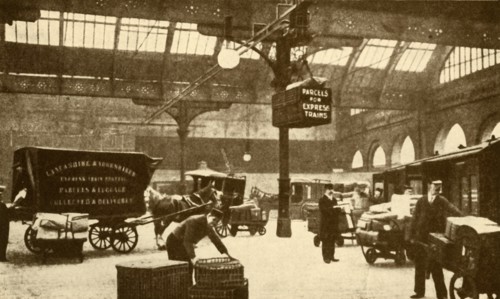 Overhead Electric Parcel Carrier, Victoria Station, Manchester', 1930.