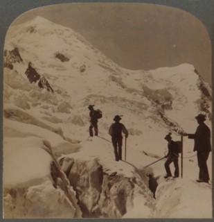 Ascent of Mt. Blanc - crossing Bossons Glacier - Grands Mulets in distance, Alps', 1901.