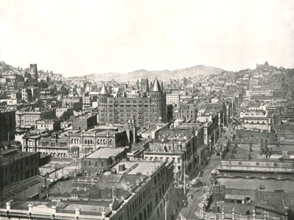 Bird's eye view from the tower of the Chronicle Building, San Francisco, USA, 1895.