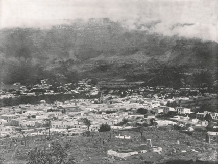 General view showing Table Mountain wreathed in vapour, Cape Town, South Africa, 1895.