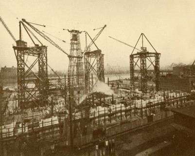 Cranes at Work on the London County Hall', c1930.