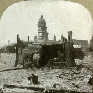 Refugee camp made of scraps [of] corrugated sheet iron gathered from the ruins', 1906.