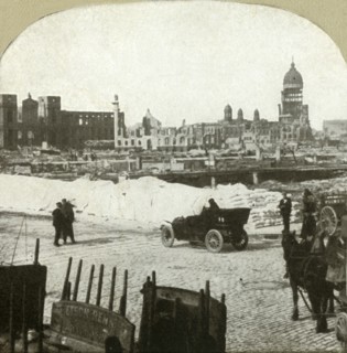 View from Moulder School distributing station, showing tons of flour on sidewalk', 1906.