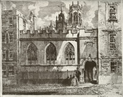 Clifford's Inn Hall and Clock Turret, with the Lantern Tower of St. Clement Danes Beyond', 1934.