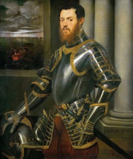 Portrait of a Man in a Gold decorated Suit of Armor, ca 1555.