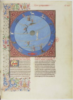 Celestial spheres, planets and zodiacs. Miniature from the Livre des proprietés des choses, c. 1480.