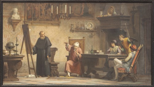 Piero della Francesca dictates the geometry rules to Luca Pacioli.