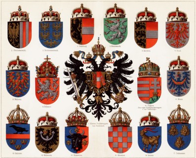 Coats of arms of Counties of Austria-Hungary and small Austrian national coat of arms, c. 1907.