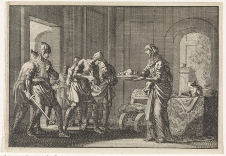 Mother shows warriors the remains of her eaten child during the famine in Jerusalem , 1704.