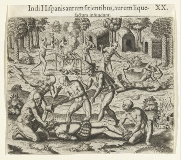 Indians pour liquid gold into the mouth of a Spaniard, 1594.