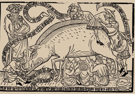 Judensau (Jews' sow), ca 1470.