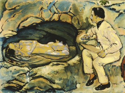 Self-Portrait, drawing with mermaid in the rock grotto, 1914.