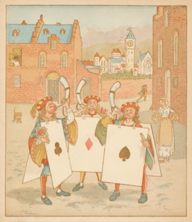 Horn-blowers wearing playing cards, 1880.