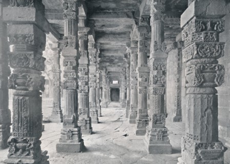 Delhi. Corridor of Hindu Pillars in Kutub Mosque', c1910.