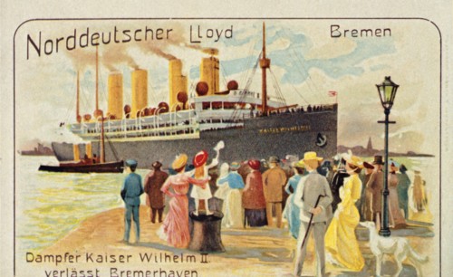 The giant SS 'Kaiser Wilhelm II' pulls away from the quayside at Bremerhaven, Germany