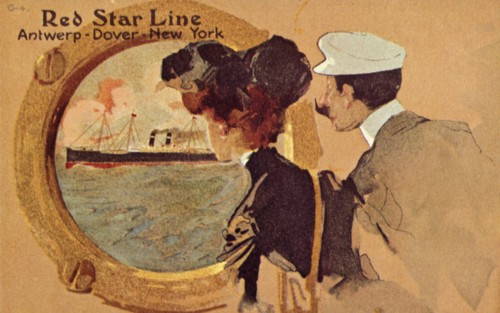Passengers looking through the porthole on board a Red Star ocean liner, c1900