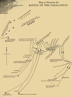 Map illustrating the Battle of the Falkland Islands on 8 December 1914, (c1920). Creator: Unknown.