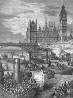 'Westminster Stairs - Steamers Leaving', 1872. Creator: Gustave Doré.