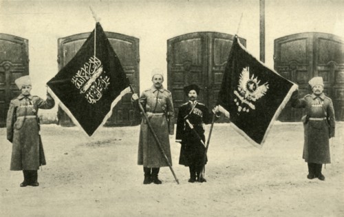 Russian soldiers with captured Turkish flags, First World War, 1915-1916, (c1920). Creator: Unknown.