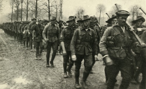 ANZAC soldiers marching to the front, France, First World War, c1916, (c1920). Creator: Unknown.