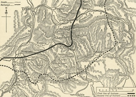 'Map illustrating the Austrian Attack in the Trentino, May, 1916', (c1920). Creator: Unknown.
