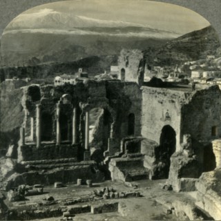 'From the Ruins of Taormina's Ancient Greek Theater to Snow-capped Mt. Etna, Sicily', c1930s. Creator: Unknown.