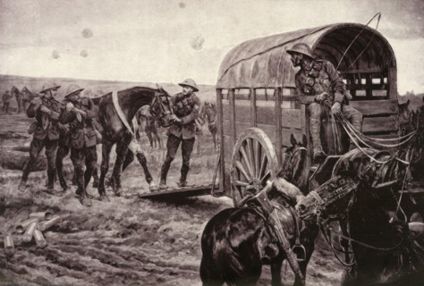 'Under the Blue Cross: Wounded Horses Being Conveyed to the Veterinary Hospital', 1917. Creator: Unknown.