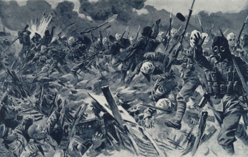 'Hooded British Territorials charging the German Trenches at Loos, September 25th, 1915', 1916. Creator: Unknown.