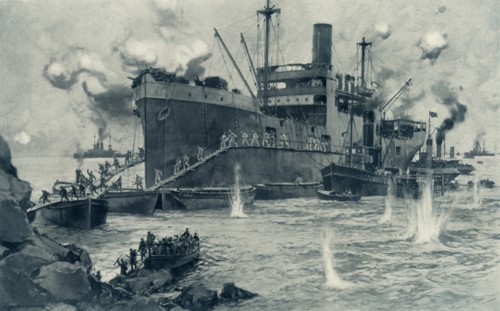 'The Historic Landing from the "River Clyde" at Seddul Bahr, Gallipoli, April 25th, 1915', 1916. Creator: Unknown.