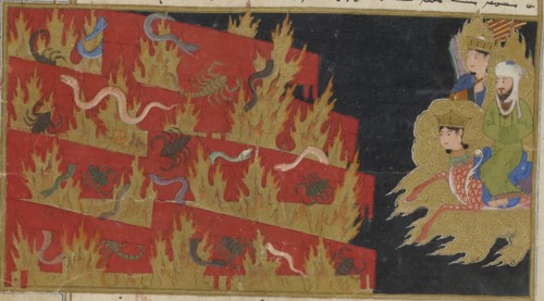 The descent of Muhammad into the Netherworld. From Miraj Nameh, 1436. Creator: Anonymous.