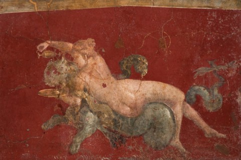 The nereid on a sea beast (sea-panther), 1st H. 1st cen. AD. Creator: Roman-Pompeian wall painting.