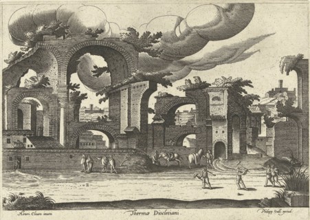 Ruins of the Baths of Diocletian from the side with two men playing croquet in the foreground, 1585. Creator: Cleve, Hendrik van, III (ca 1525-1590).