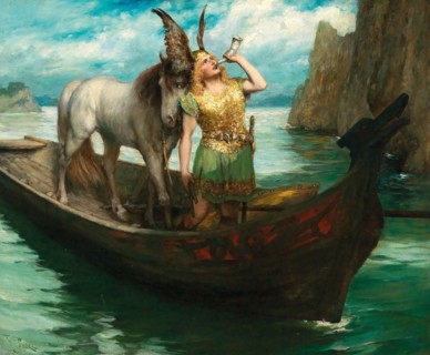 Siegfried's Journey to the Rhine. The Twilight of the Gods. Singer Hubert Leuer as Siegfried, 1908. Creator: Leeke, Ferdinand (1859-1937).