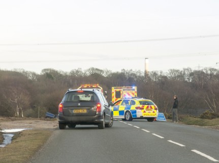 Police car and ambulance attending road traffic accident 2018. Creator: Unknown.
