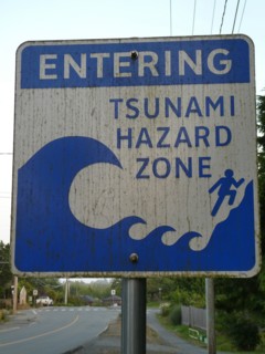 Tsunami warning road sign, British Columbia, Canada 2018. Creator: Unknown.