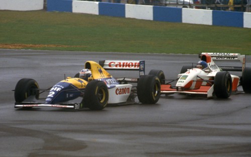 Williams Renault FW15C, Alain Prost leads Derek Warwick, European Grand Prix. Creator: Unknown.