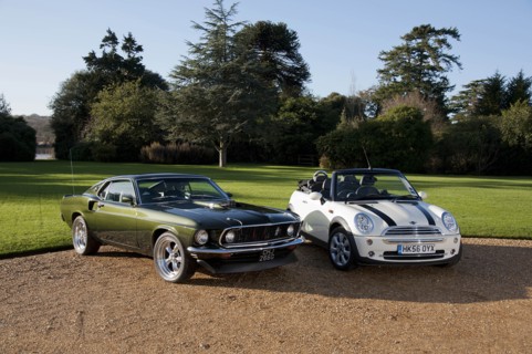 1968 Ford Mustang with 2006 Mini Cooper convertible. Creator: Unknown.